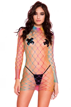 Music Legs Rainbow Striped Fishnet Long Sleeve Mini Dress