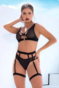 Mapalé Striped Mesh Bra And Garter Panty