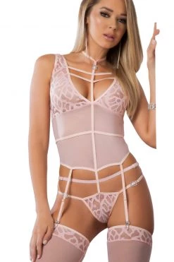 G World Intimates Baby Pink Jacquard Lace Teddy & Stockings Set