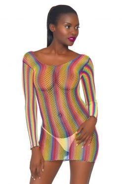 Leg Avenue Long Sleeve Rainbow Fishnet Mini Dress