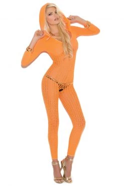 Elegant Moments Neon Orange Hooded Bodystocking -Garter Lingerie Shop unnamed file 3030